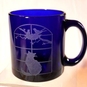 2 Deep Cobalt Laser Etched Glass Coffee Mugs...Cat & Birds, German Shepa…
